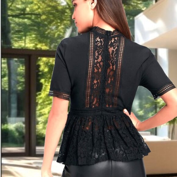 ZARA Black Floral Lace Peplum Short Sleeve Mock Neck Top Excellent Cond Sz S - Picture 4 of 5